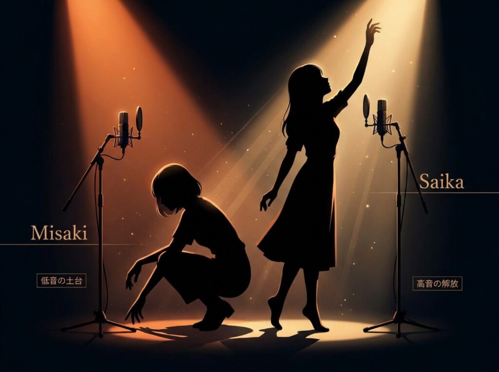 低い声を支える人物と高い声で光に手を伸ばす人物を対比的に描いたシルエットイラスト
