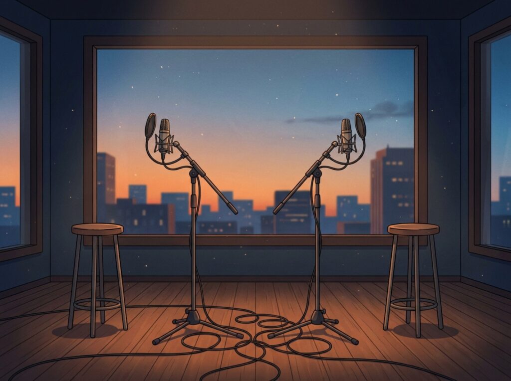 声が噛み合わなかった日の静けさを、距離をおいて立つ二本のマイクで表したイラスト