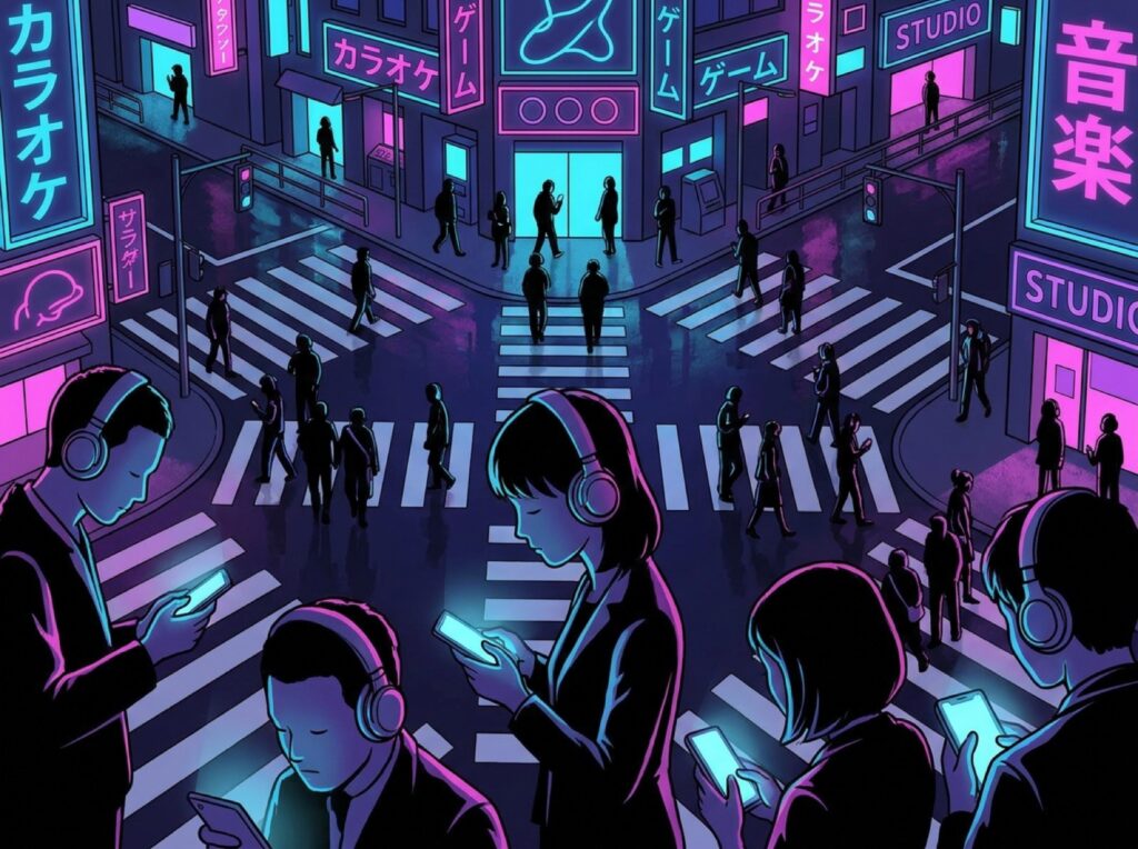 東京の夜の交差点で誰とも目を合わせず信号待ちをする人々のイラスト