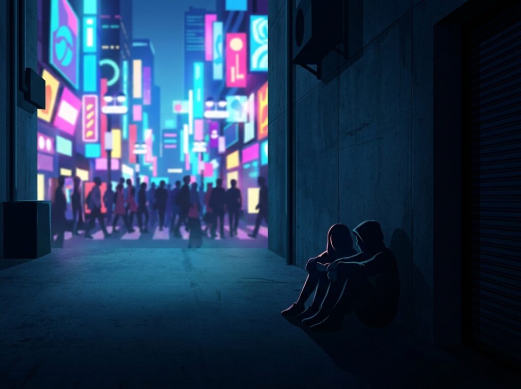 賑やかなネオンの街の片隅で寄り添って座る二つの人影のイラスト